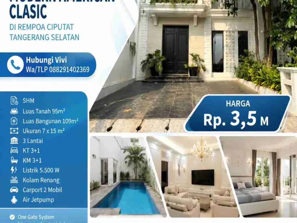 dekat tol djual rumah modern American Clasic dirempoa Ciputat Tangerang selatan