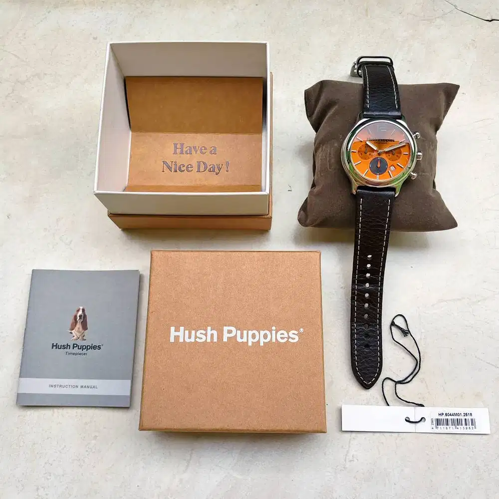 Jam Tangan Hush Puppies Chronograph Sunkist Orange Salmon Dial Leather