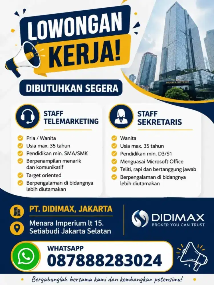 Lowongan kerja Telemarketing dan Sekretaris