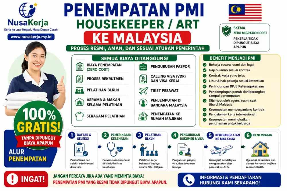 Lowongan Kerja ke Malaysia Gaji Rp 8 jt / Bulan. Gratis Biaya . Loker.