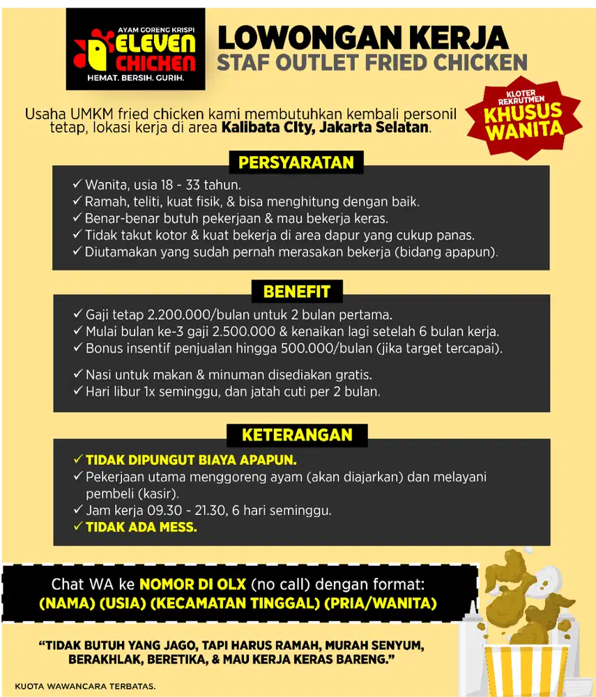 Lowongan Kerja Staf Fried Chicken Wanita Kalibata Jakarta Selatan