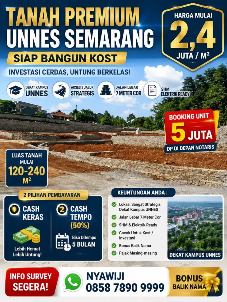Tanah Unnes sangat cocok untuk usaha kost lingkungan sudah jadi SHM