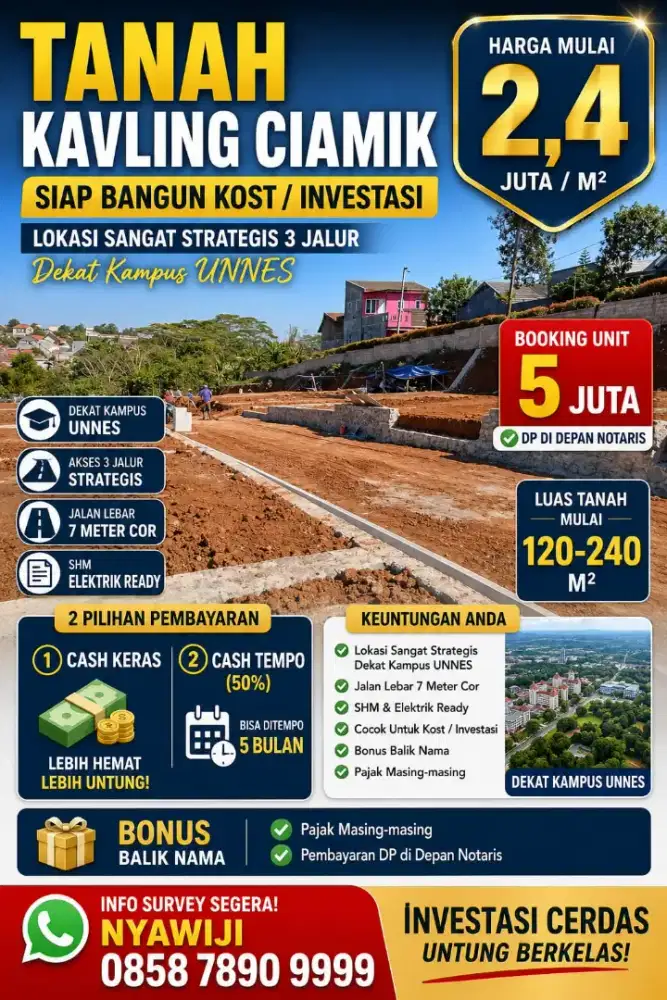 Tanah dekat kampus Unnes sangat strategis siap bangun kost SHM ready