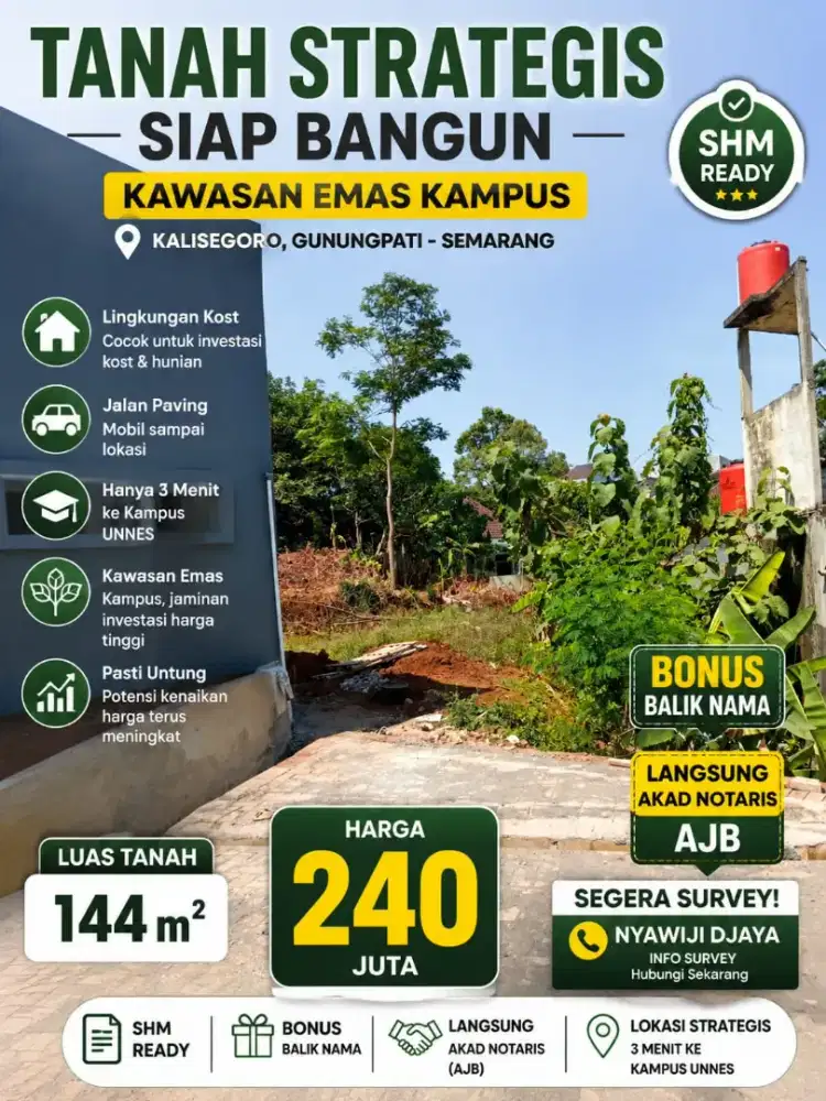 Tanah Unnes Semarang siap bangun kost SHM ready lokasi kalisegoro
