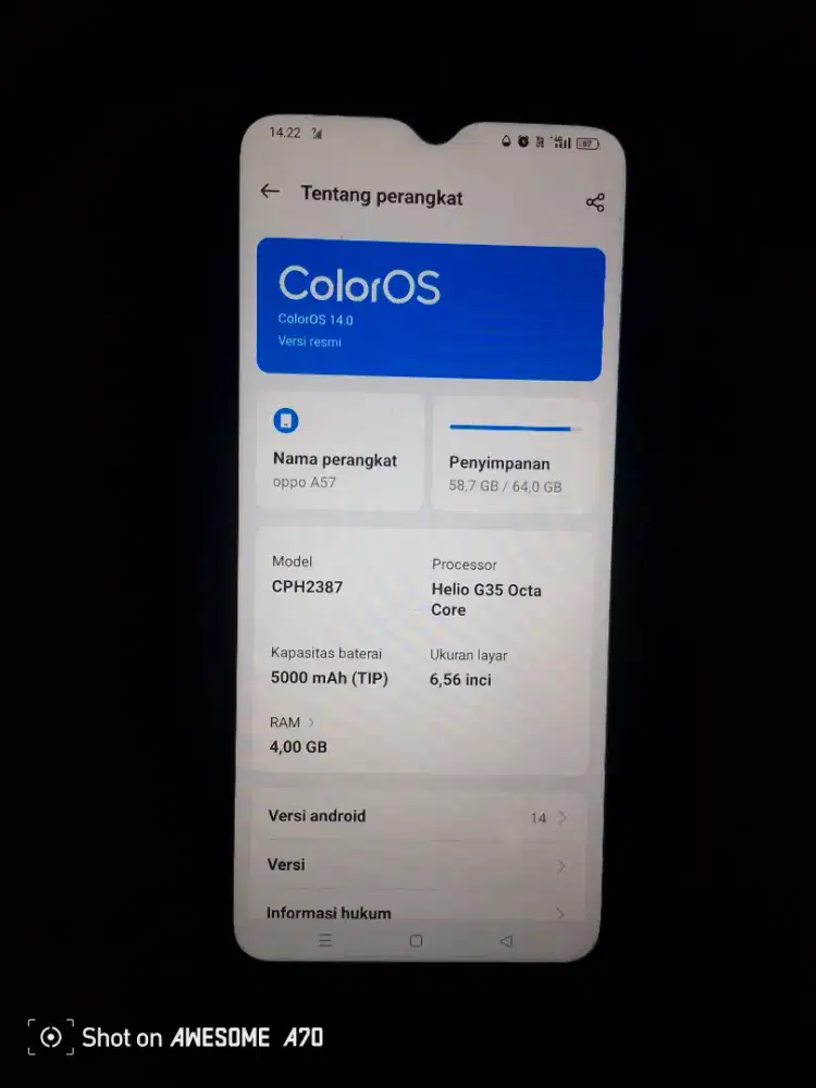 Di jual hp Oppo A57 ram 4/64, hp dan casan, lokasi Jakpus.