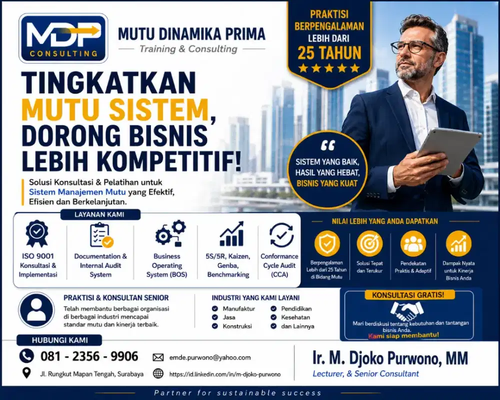 ISO 9001 - Konsultan, Coach & Trainer, berpengalaman > 30 tahun