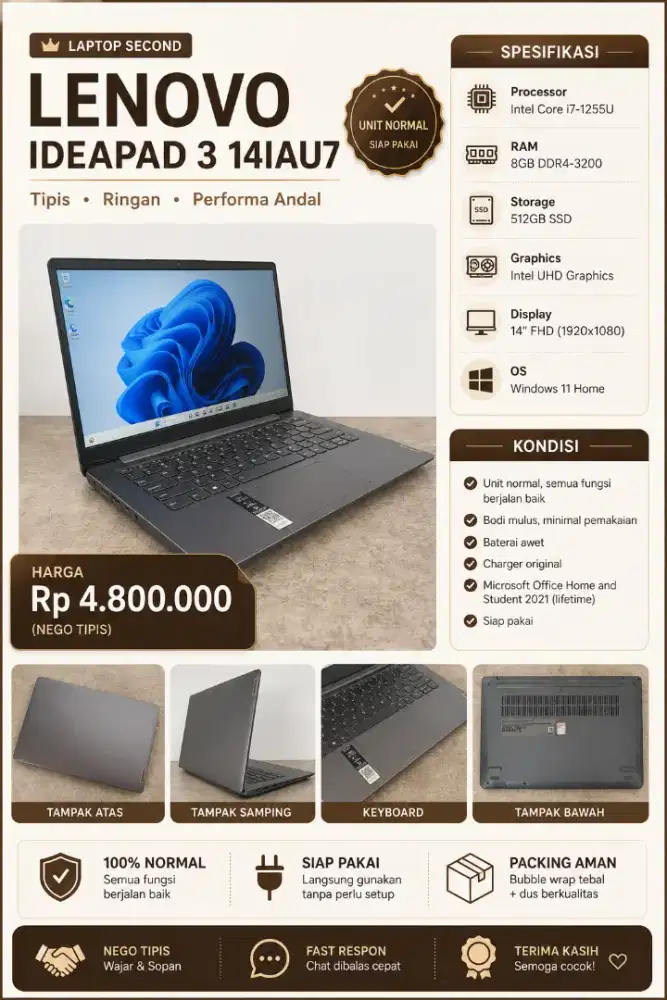 Laptop Lenovo bekas minim pemakaian