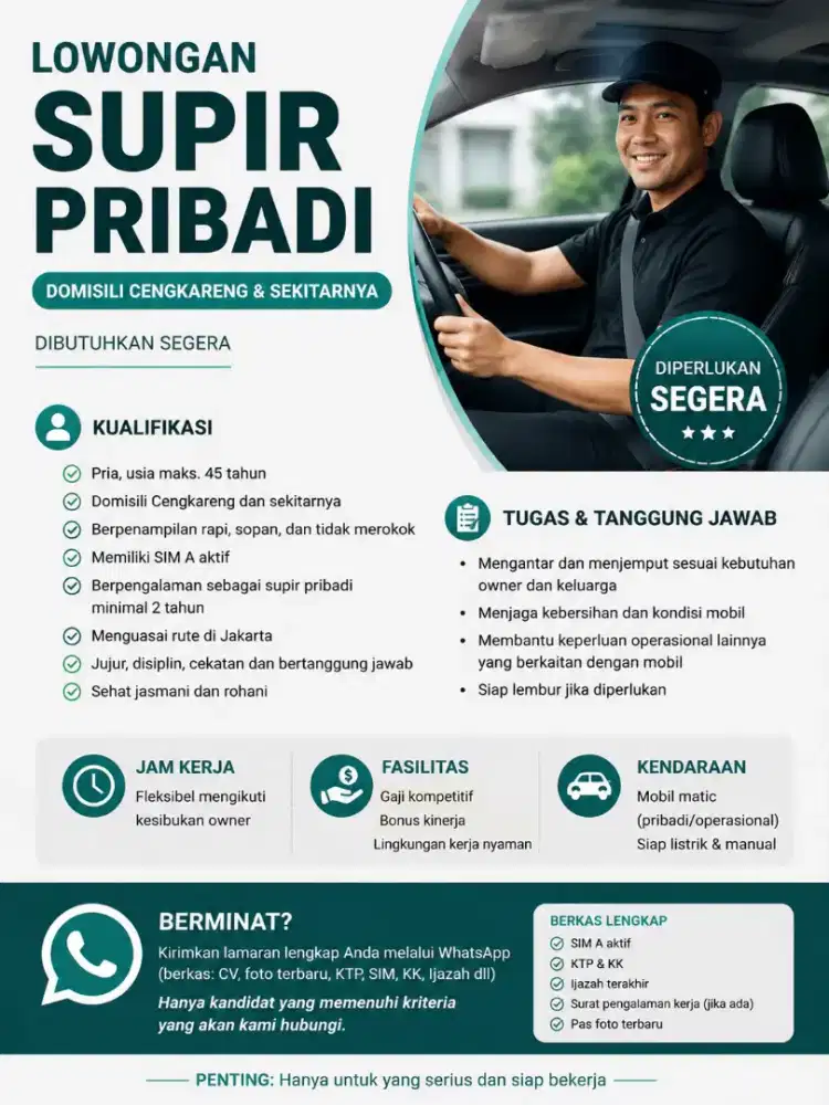 Lowongan supir pribadi Cengkareng, Jakarta Barat