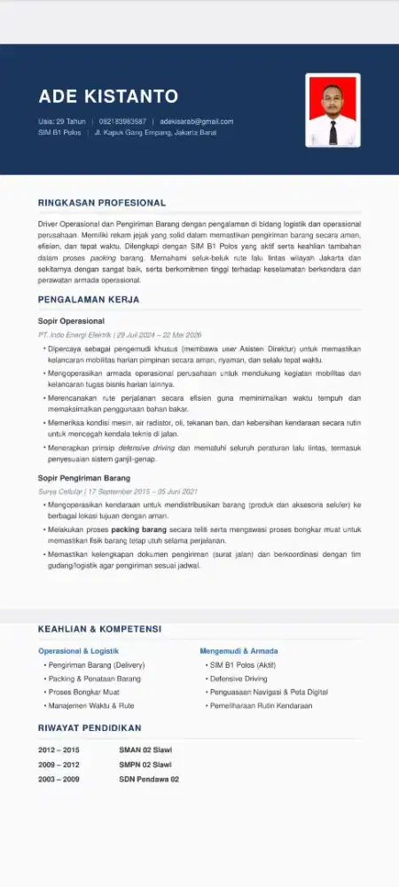 Sedang Mencari Pekerjaan Sebagai Sopir Pribadi/operasional