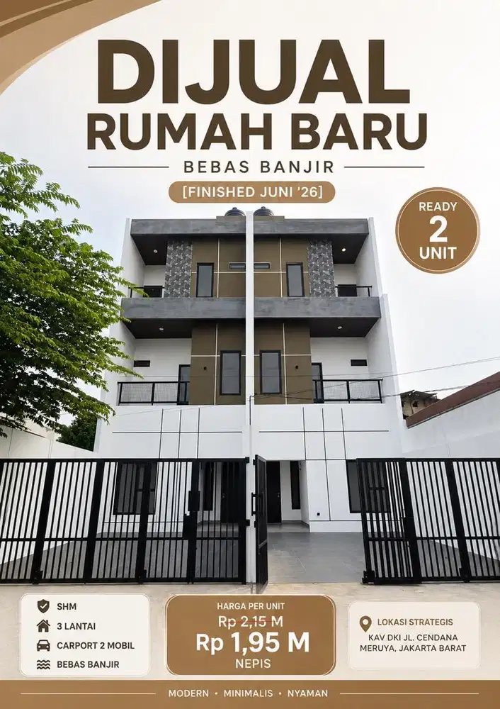 Rumah Baru 3 Lantai SHM Meruya Bebas Banjir Rp1,95 M