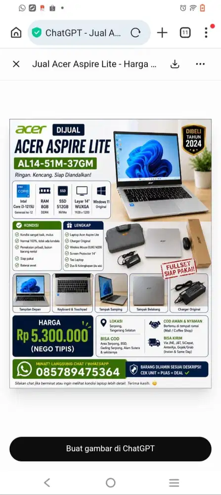 Acer Aspire Lite i3-1215U RAM 8GB SSD 512GB Fullset mulus