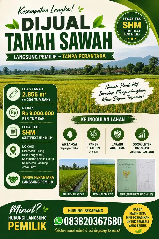 Dijual tanah sawah SHM - Langsung pemilik