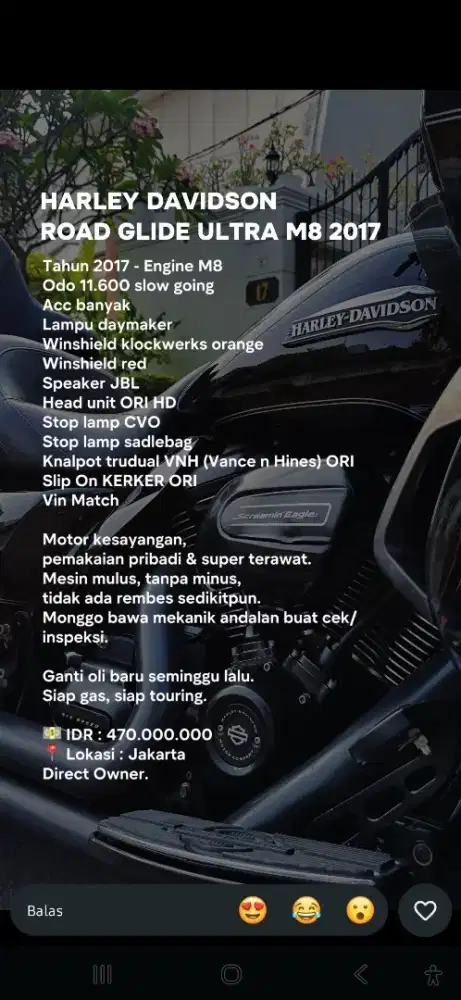 Dijual Motor Harley Davidson Road Glide Ultra M8 2017