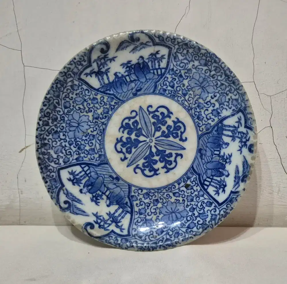 piring keramik biru putih jepang sablon antik