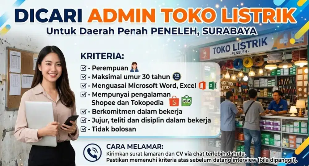 DIBUTUHKAN SEGERA: Admin Toko Listrik – Daerah Peneleh