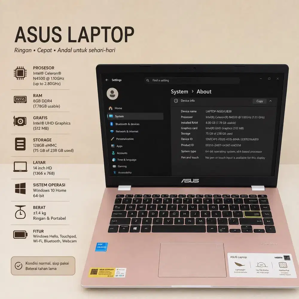 Laptop ASUS Vivobook Go 14 E410KA Slim - RAM 8GB SSD 256GB Rose Pink
