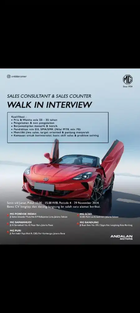 Dibutuhkan sales mobil MG
