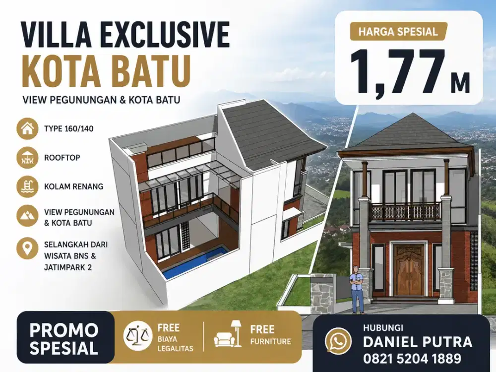 Villa desain bisa pilih sendiri lokasi strategis dekat BNS kota batu