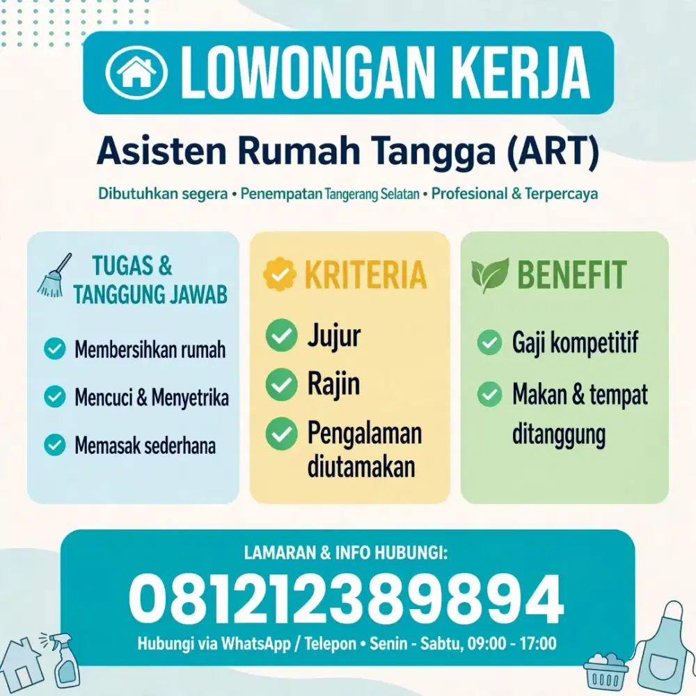 Dibutuhkan asisten rumah tangga / ART