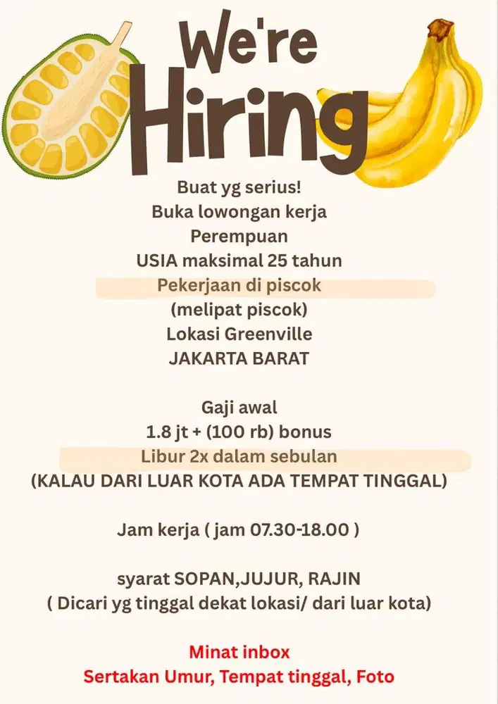Minat serius bisa inbox dengan keterangan usia, tempat tinggal, foto