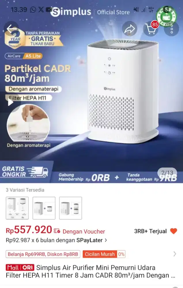 Simplus Air Purifier Mini Pemurni Udara Filter HEPA H11 Timer 8 Jam