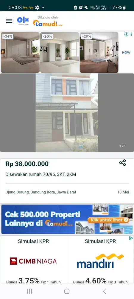 Disewakan rumah 3KT/2KM di pusat kota Ujung Berung