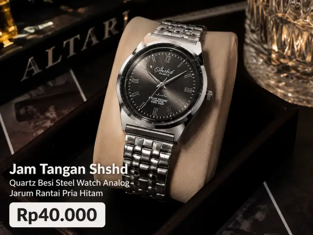Jam Tangan Shshd Quartz Besi Steel Watch Jarum Rantai Pria Hitam
