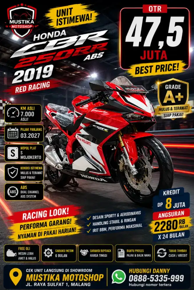 Grade A‼️Honda CBR 250RR ABS Red Racing. KM 7rb. DANNY Mustika Sulfat