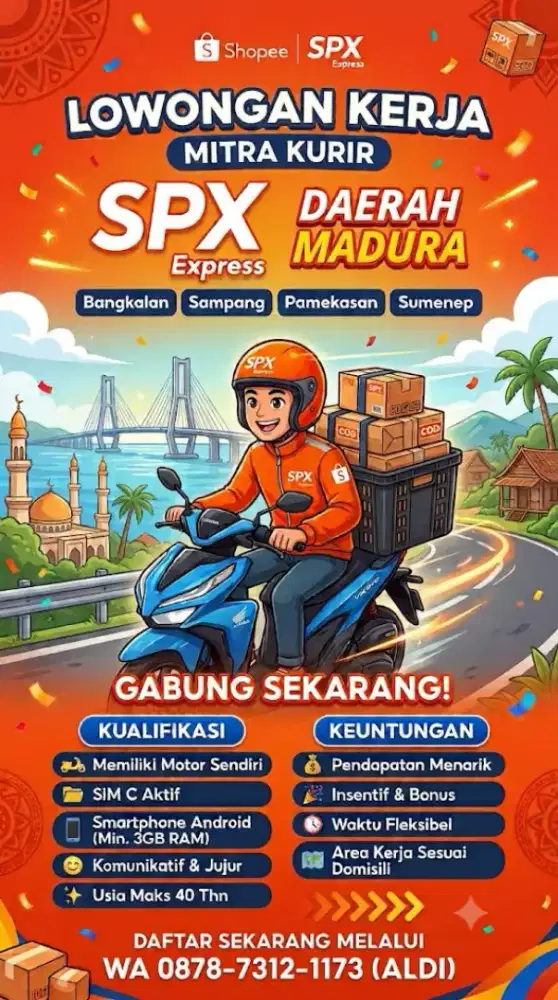 Lowongan kerja KURIR shope xpress DRIVER & RIDER Area KOTA MADURA