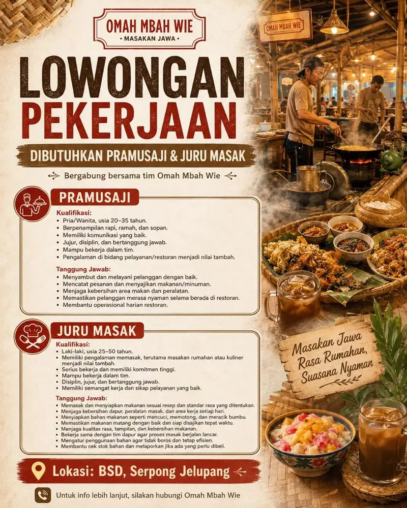 Dicari Juru Masak dan Pramusaji Restoran Jawa Omah Mbah Wie