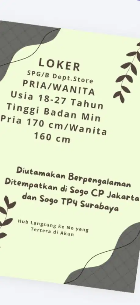 Dibutuhkan segera SPG/B area Jakarta Barat