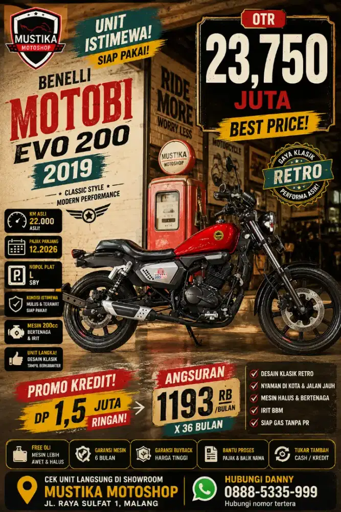 KM 22rb‼️Benelli Motobi Evo 200 2019. DANNY Mustika Motor Sulfat