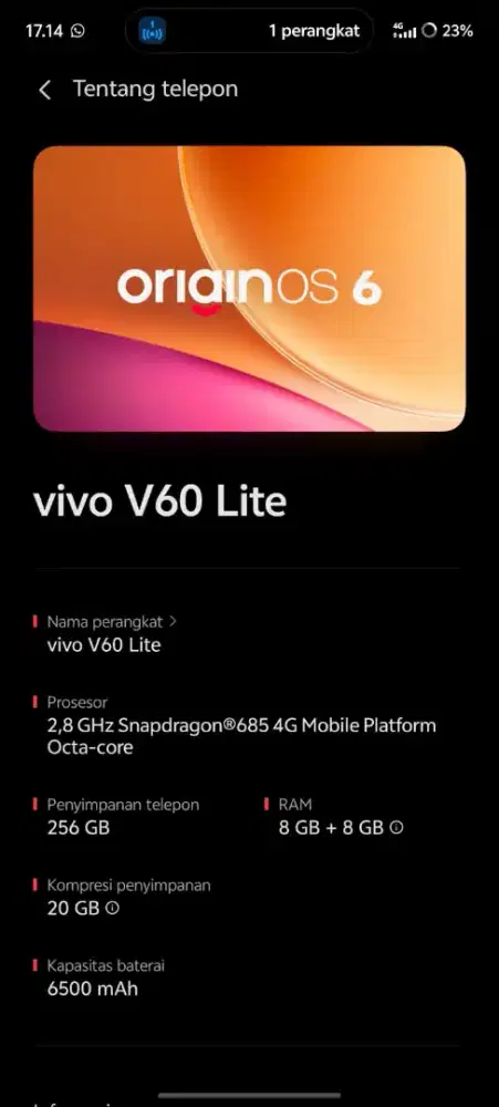 Dijual Vivo V60 Lite bekas mulus garansi