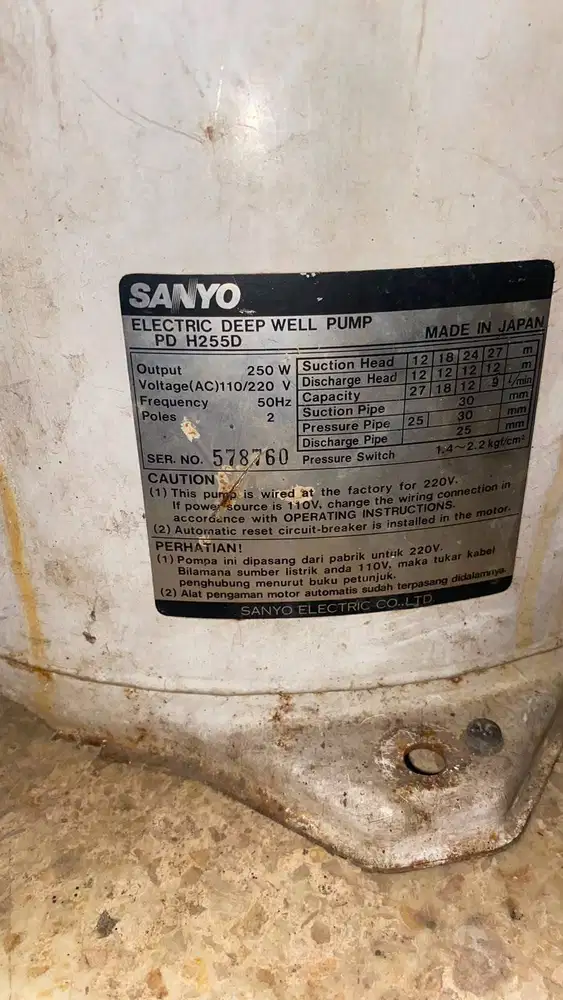 Pompa Air Sumur Dalam Jet Pump Otomatis Sanyo PD H255D 250 Watt Bekas