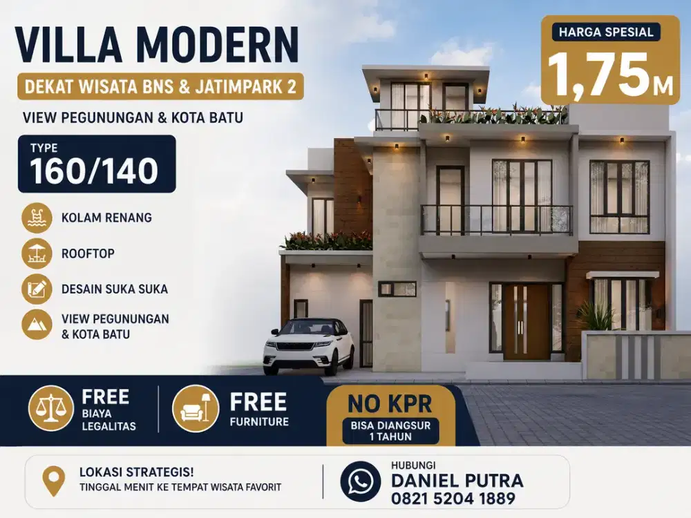 Villa 2 Lantai Rooftop Kolam Renang Dekat BNS & Jatim Park 2 Harga 1,75 M