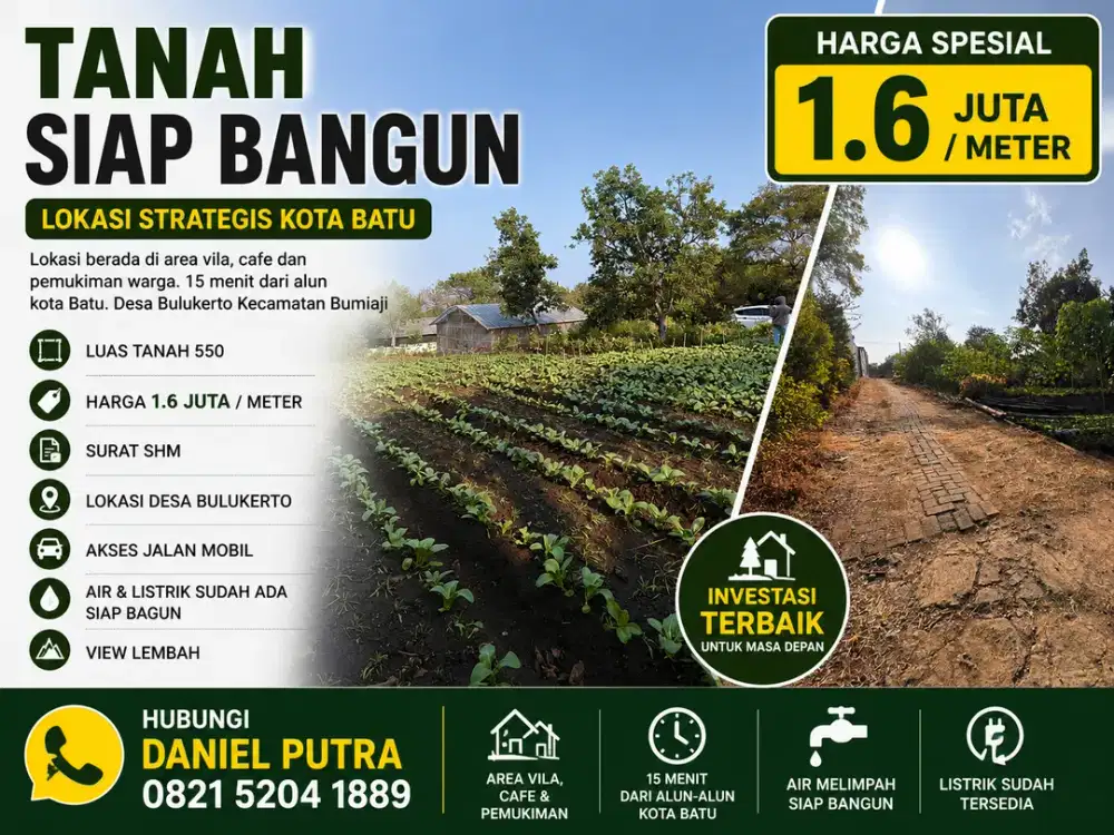 tanah dijual siap bangun dekat alun alun kota batu