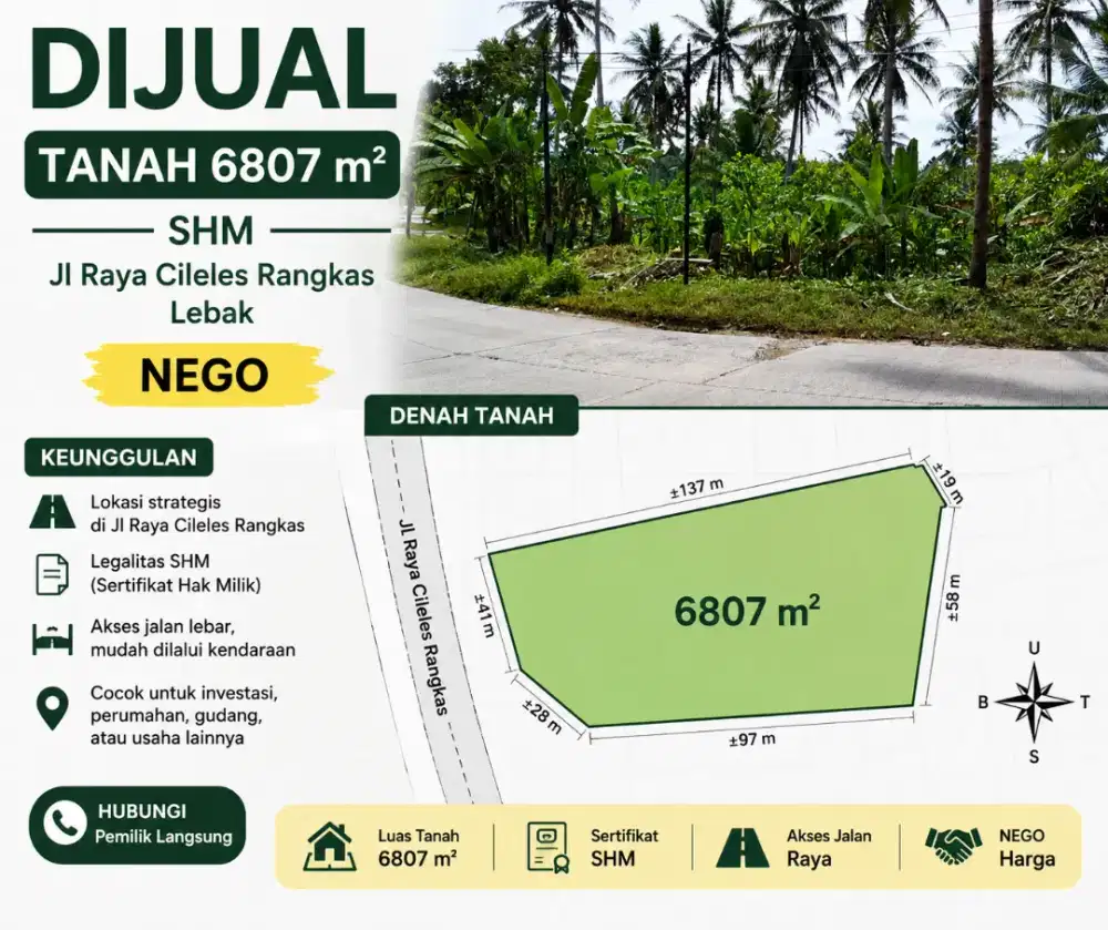 DIJUAL Tanah 6807m2 SHM Jl Raya Cileles Rangkas Lebak - NEGO