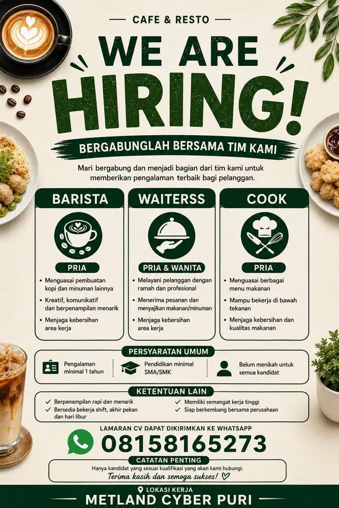 Lowongan Kerja (Barista, Koki, Waitress)