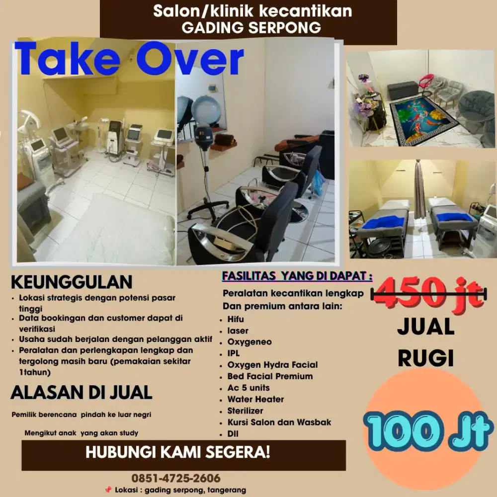 Take over usaha bisnis klinik salon kecantikan spa