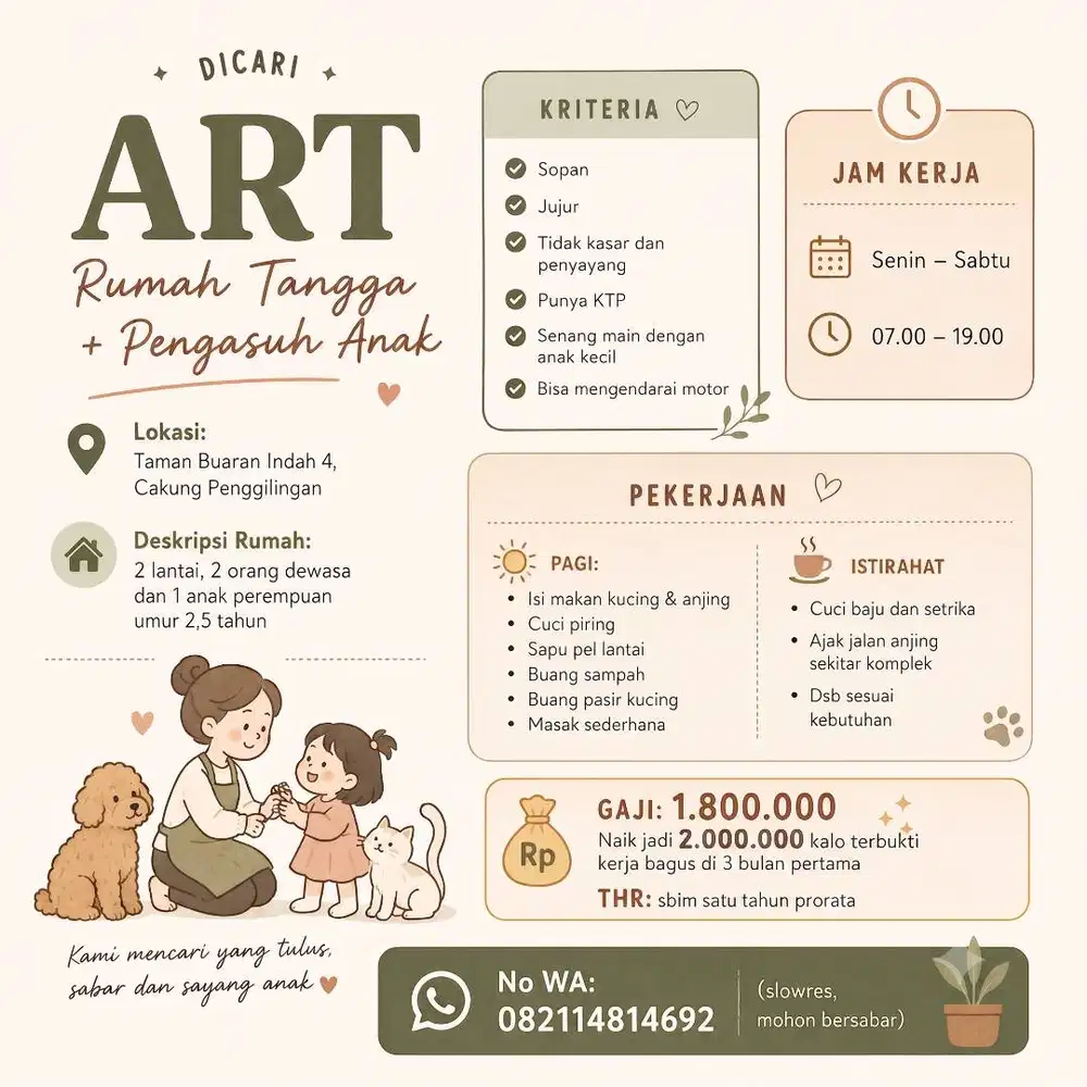 Dicari ART serabutan PP/nginep yg ga takut anjing kucing
