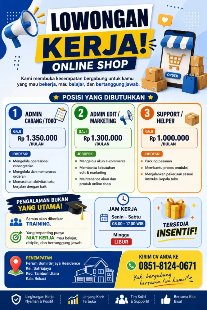 Di butuhkan segera posisi admin dan packing