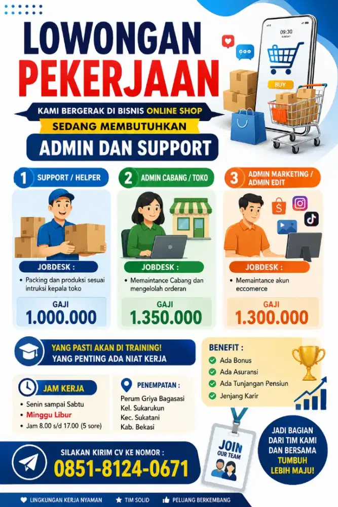 Di butuhkan segera admin dan packing