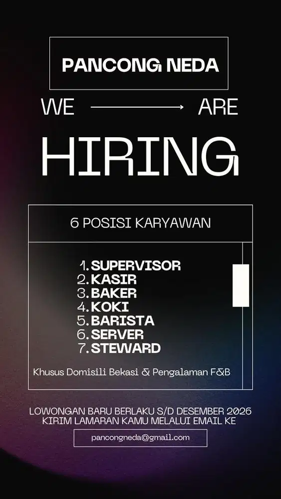 LOWKER PANCONG NEDA (KHUSUS PENGALAMAN F&B dan DOMISILI BEKASI)