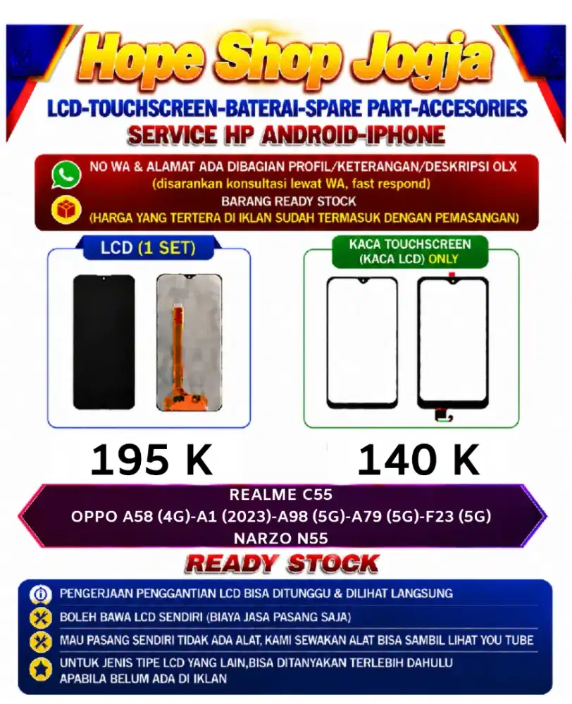Touchscreen-Baterai-Lcd REALME C55-OPPO A58 (4G)-A1 (2023)-A98 (5G)