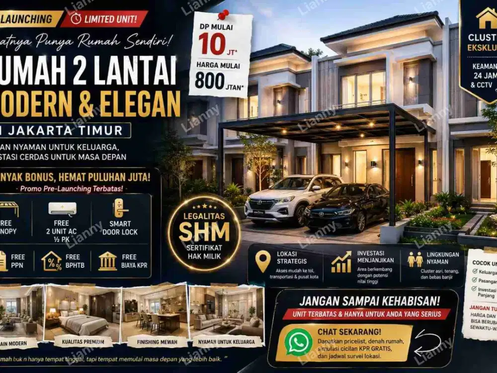 DP Rp10 Juta! Rumah 2 Lantai Jakarta Timur | Harga Mulai Rp800 Jutaan | SHM + Bonus Lengkap