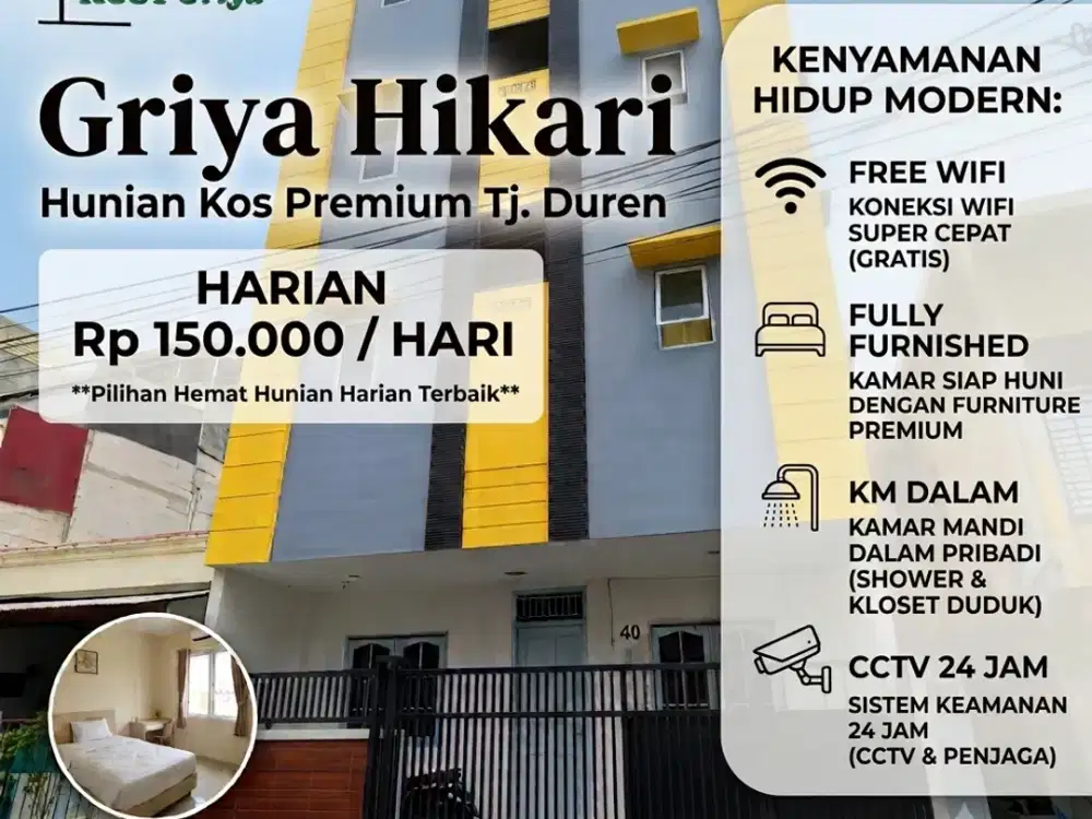 Cari Kost Harian ? Paling Murah Cuma 150rb / Hari Griya Hikari Solusinya! Lokasi Strategis Tanjung Duren Book Now!!