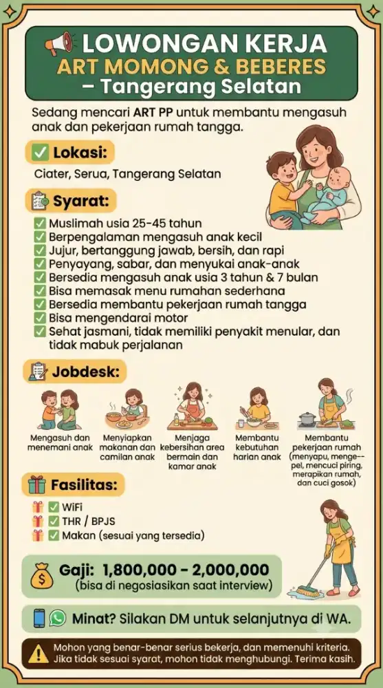 Dicari ART Momong di Tangerang Selatan