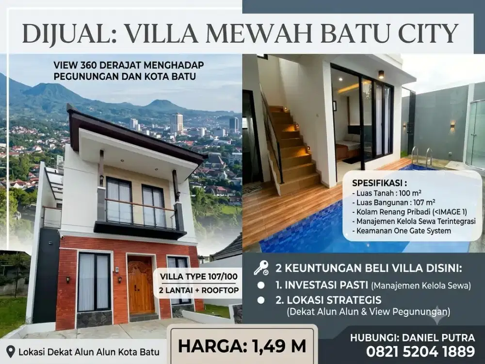 Villa Mewah 1,49M Dekat Alun-Alun Batu + Kolam Renang & Rooftop View 360° | SIAP KASIH PASSIVE INCOME TIAP BULAN