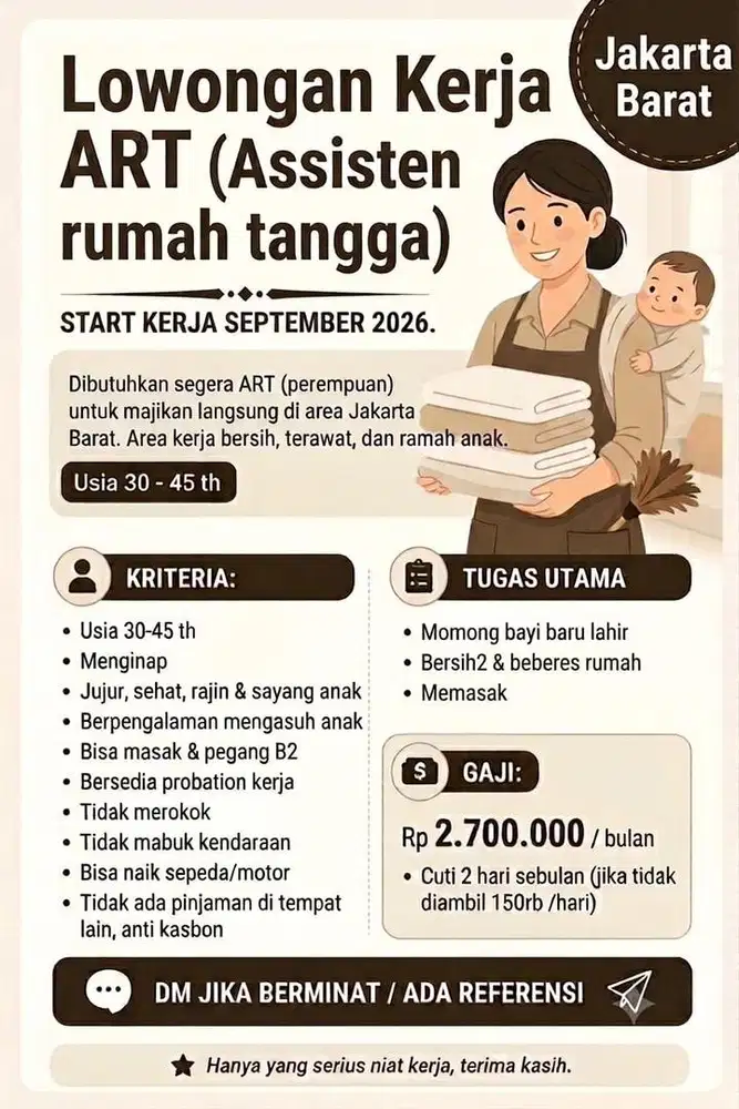 Lowongan kerja ART Menginap - Jakbar - Majikan lgsg