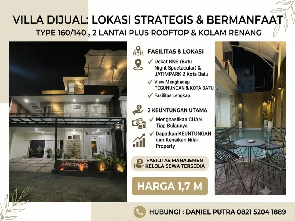 Investasi Auto Cuan! Villa 2 Lantai Type 160/140 di Batu, Passive Income Tiap Bulan!